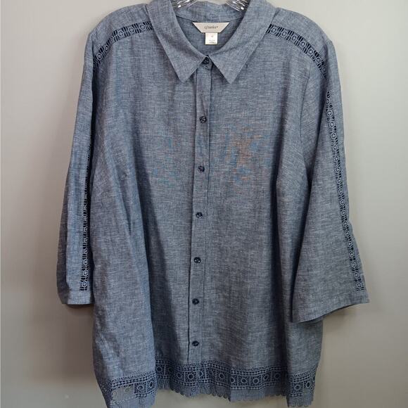 EUC CJ Banks Blue Linen and Cotton Blend Blouse with Lace Size 1X - Picture 1 of 10